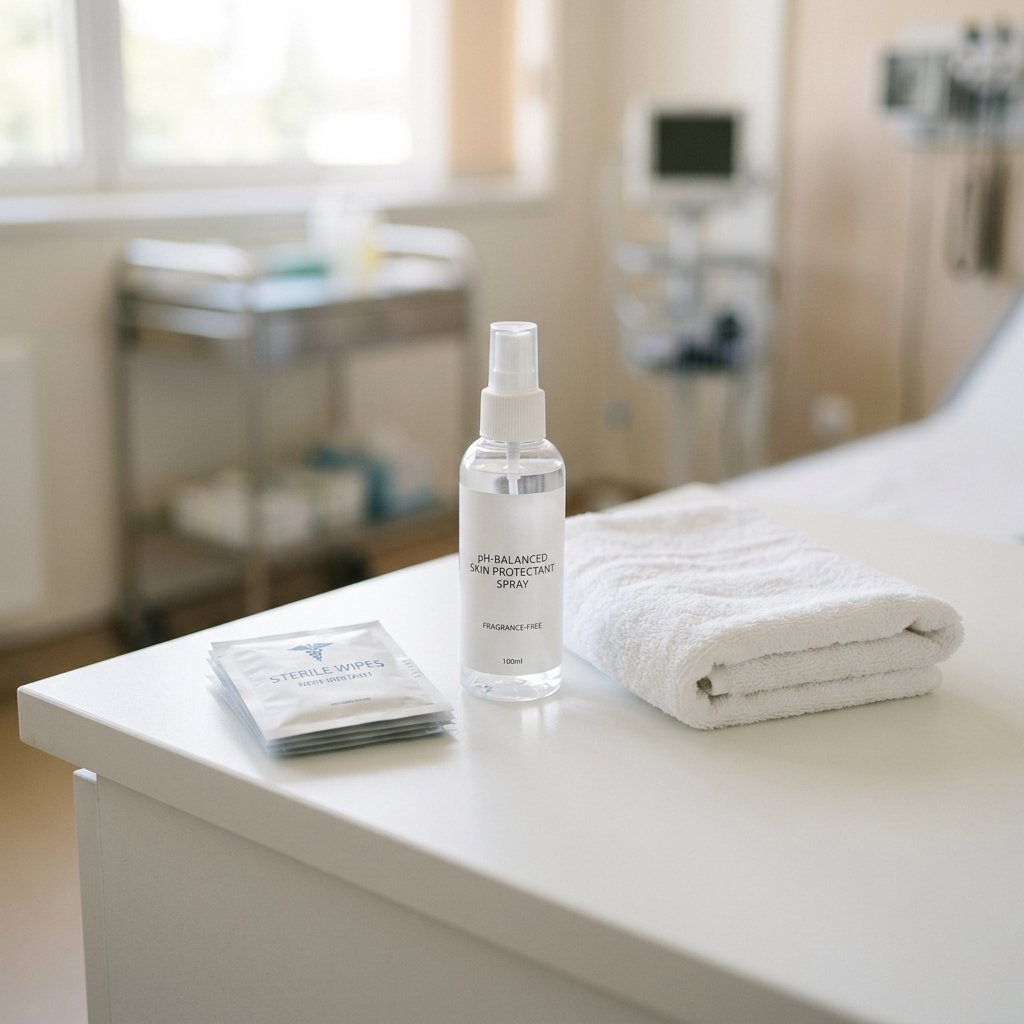 Medical hygiene supplies and dog towel on a clinical table