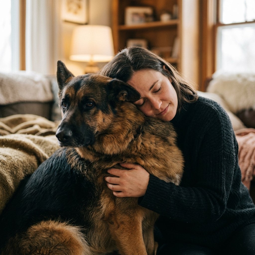 Owner resting head against German Shepherd expressing love