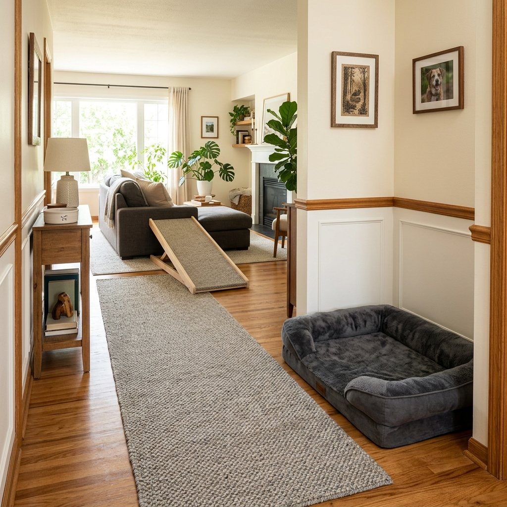 Living room hallway laid with textured non-slip runner mats and ramp