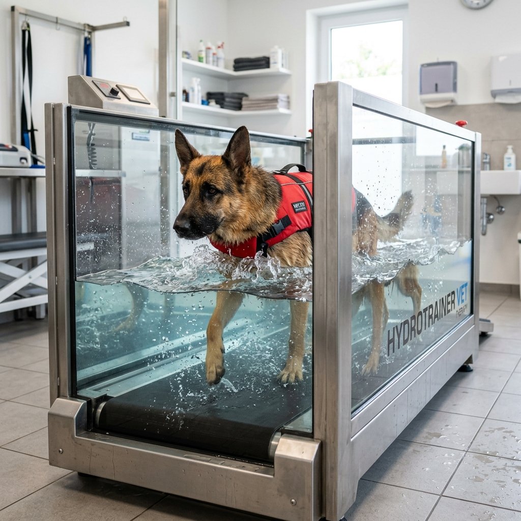 German Shepherd walking on an underwater treadmill