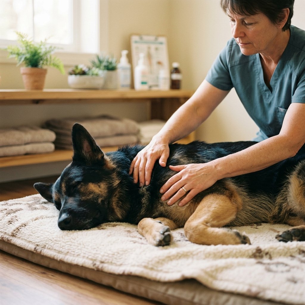 Clinical therapist massaging GSD leg in cozy room