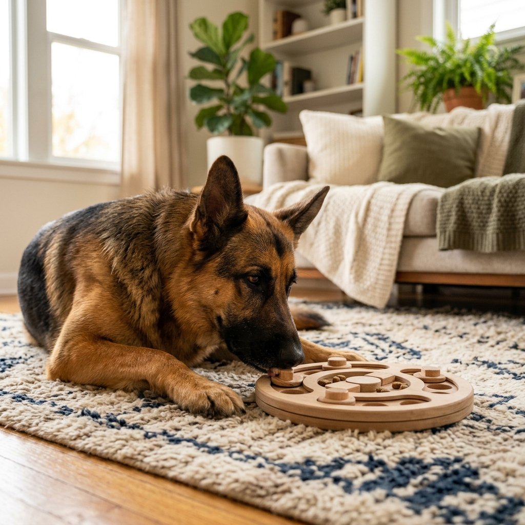 German Shepherd playing with interactive wooden treat puzzle toy