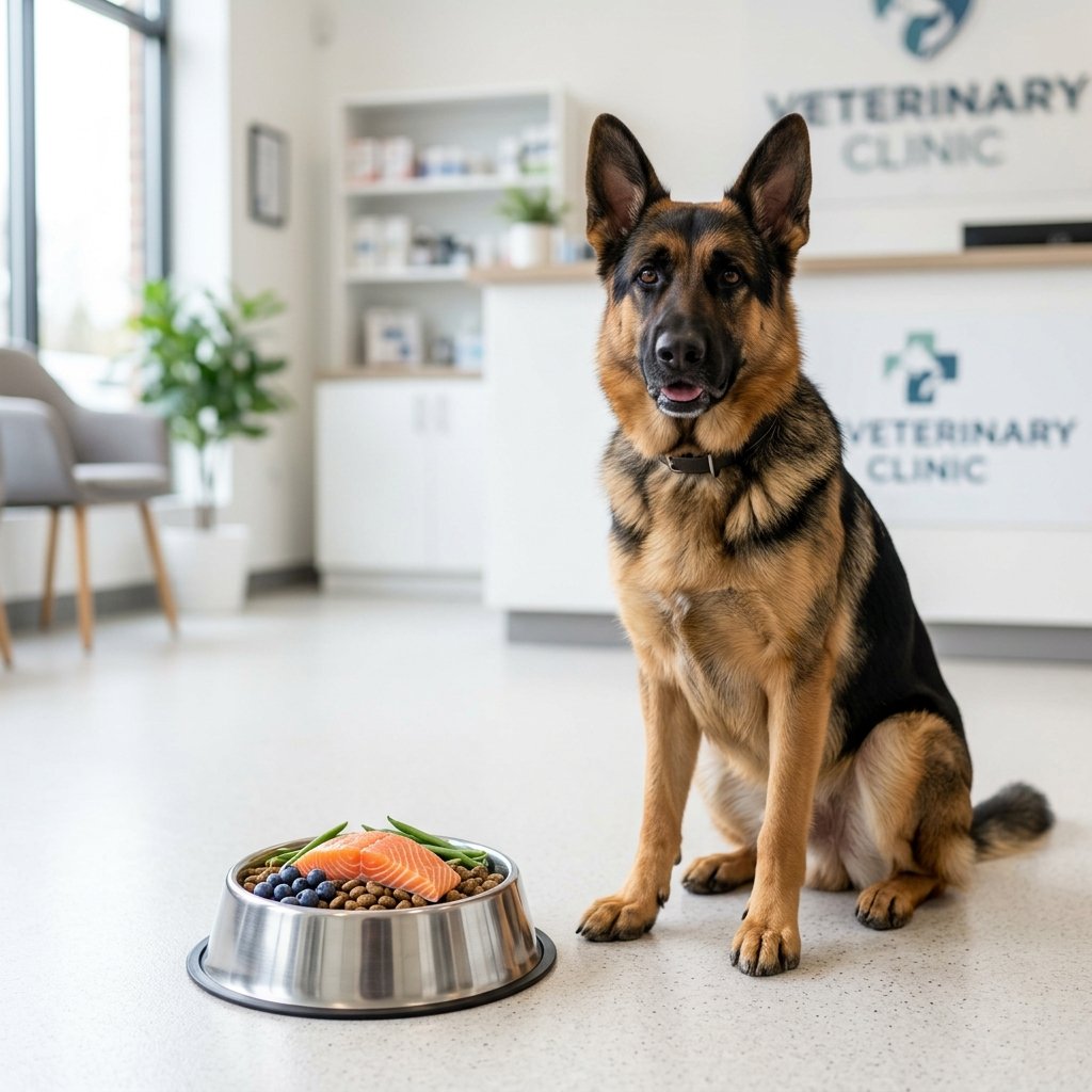 German Shepherd next to clinical dog food and fresh salmon