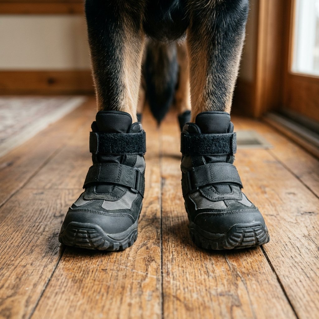 German Shepherd paws in protective grip socks on hardwood floor