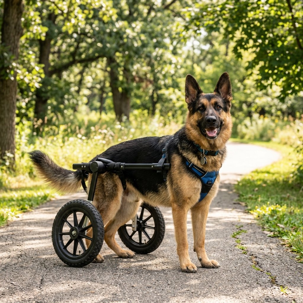 Happy German Shepherd running in rear wheelchair on park trail
